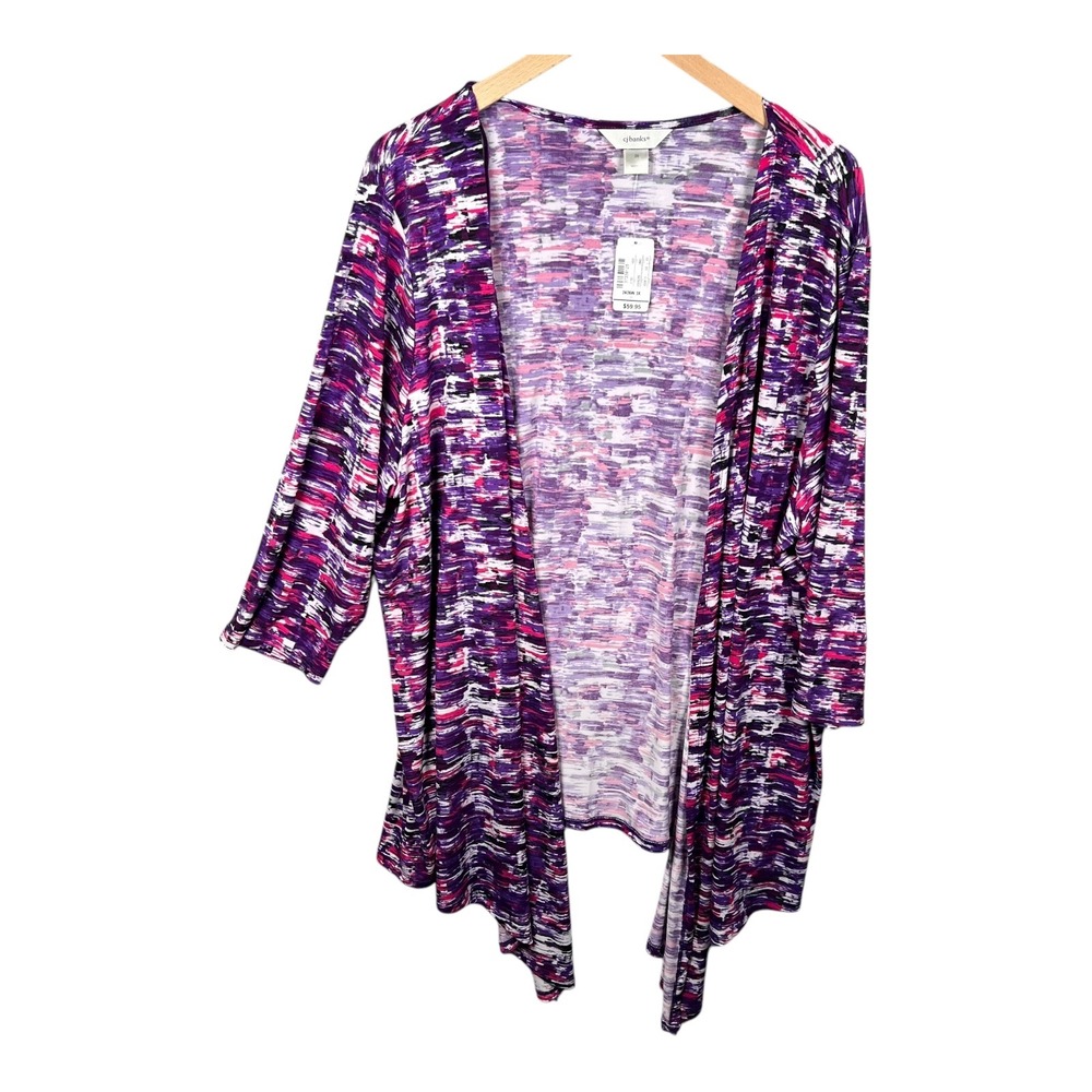 CJ Banks Duster Cardigan Womens 3X‎ Open Front Purple Pink Abstract Artsy